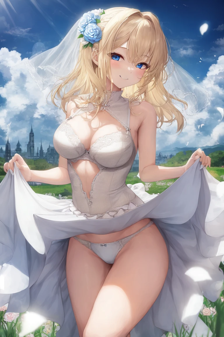 [Holara] Medium hair Wavy hair Laughing Small breasts Lifting up skirt Pants Skirt Masterpiece Flower field Wedding dress Dress [Illustration]